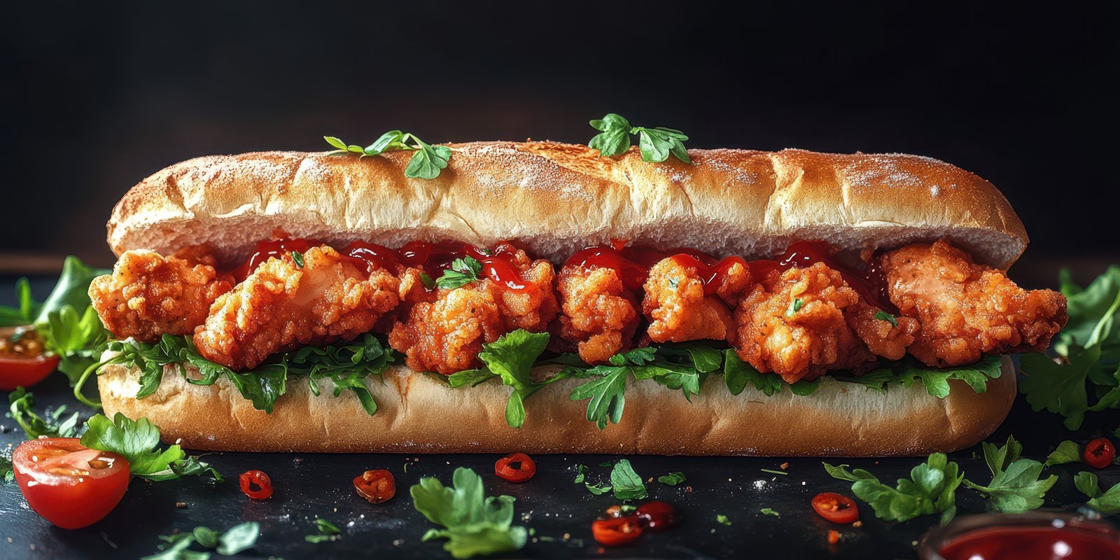 Delicious crispy chicken sandwich filled with fresh greens and topped with spicy sauce